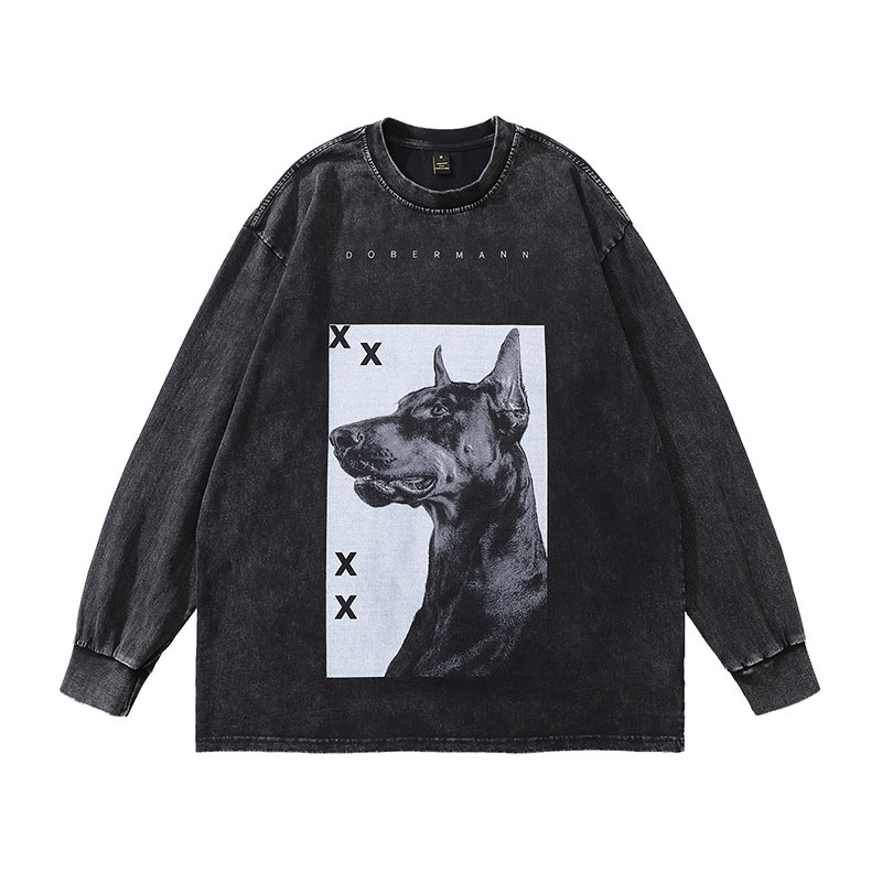 TKPA Streetwear American Retro Doberman Direct Print Washed Long-Sleeve T-Shirt for Men Loose Vintage Top