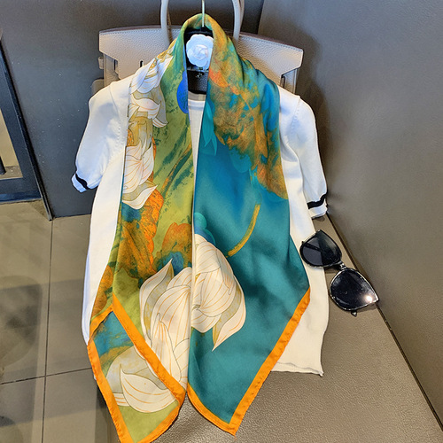 Dance Douyin live supply 90cm large square scarf silk print satin face scarf Korean style fashionable versatile scarf chiffon