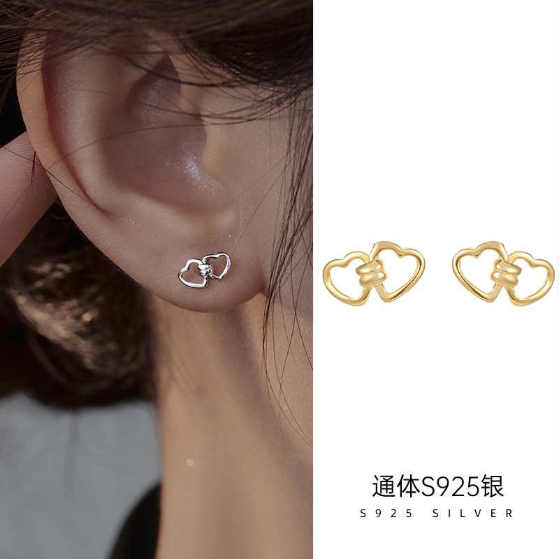 S925純銀小清新甜美心心相印耳釘女小巧精緻鏤空簡約雙桃心耳飾品