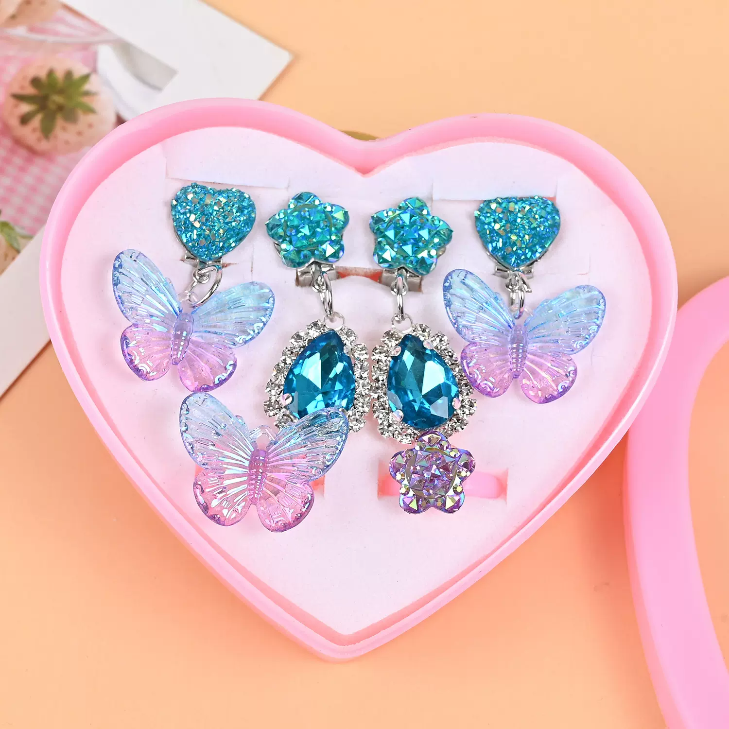 儿童美人鱼耳坠无耳洞耳夹女童假耳钉戒指套装组合宝宝可爱手饰