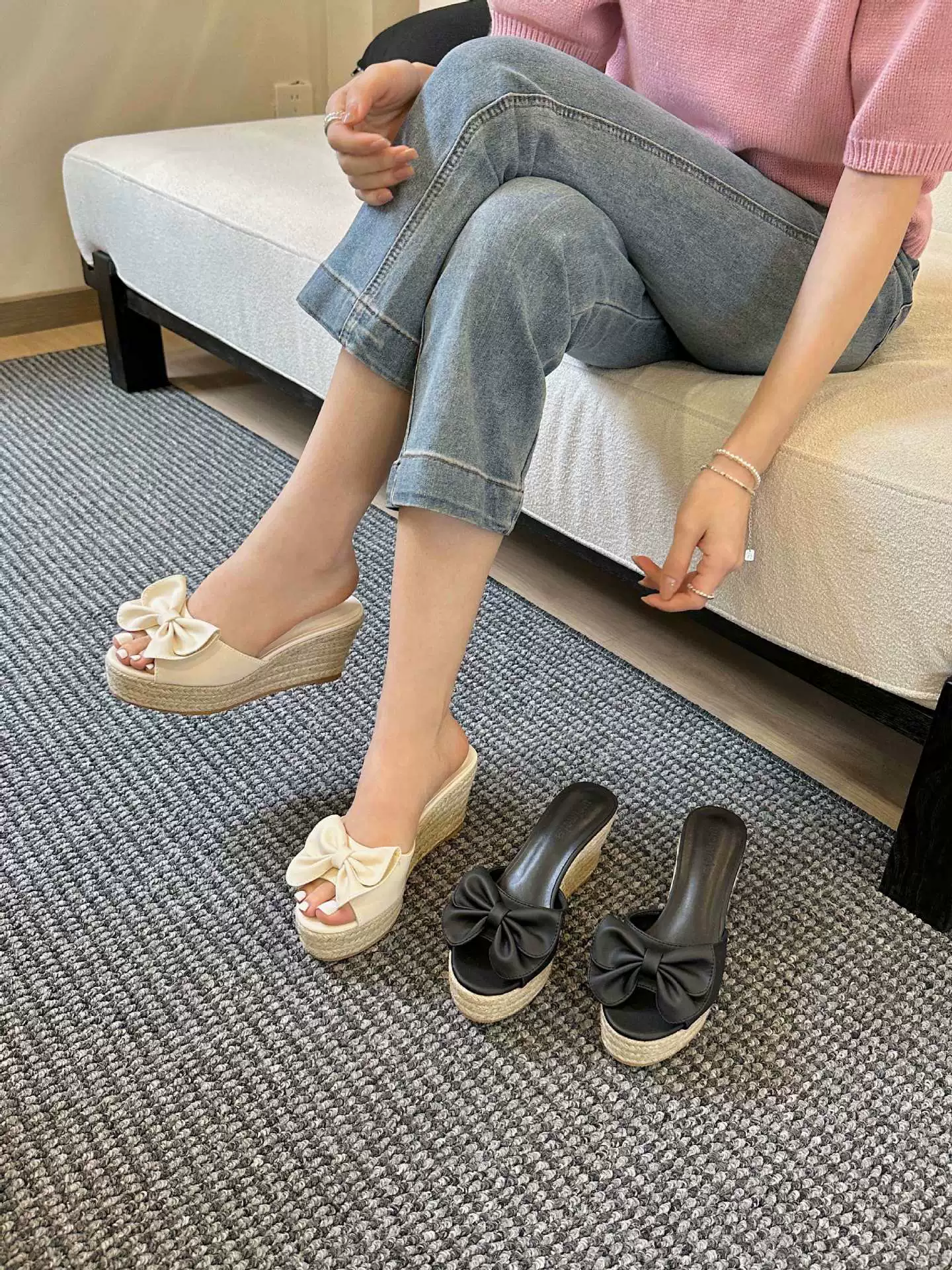 Новый стиль наклон тканый шпагат с толстым дном водонепроницаемый стол с бантом тапочки