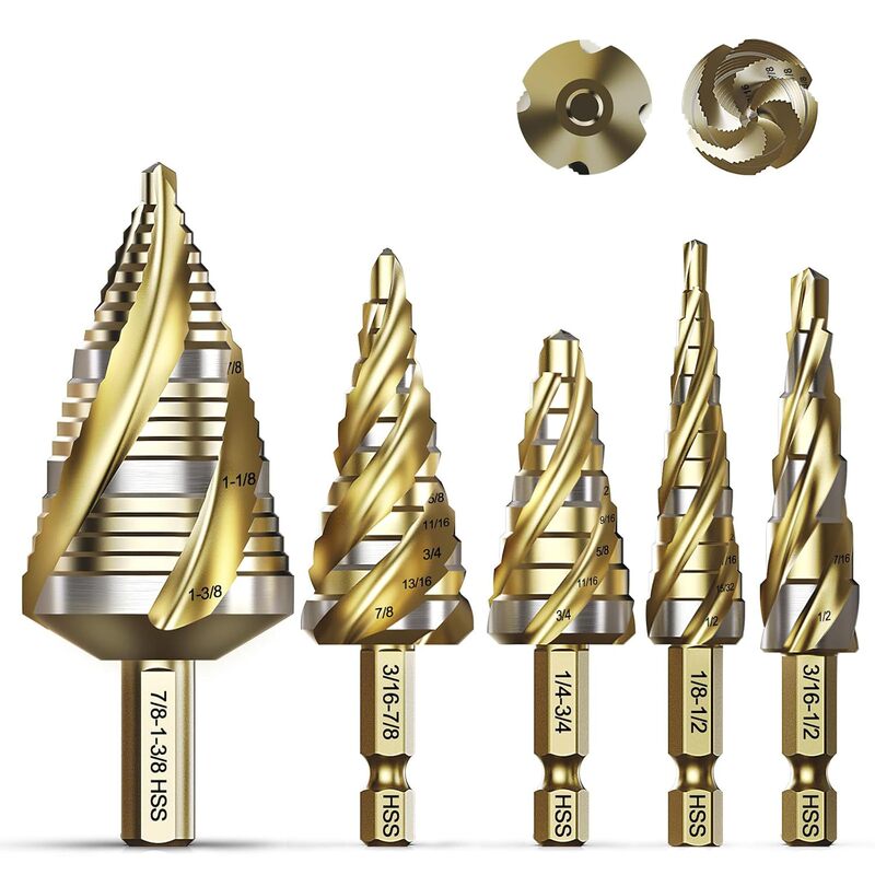 四螺旋槽阶梯钻头套装5PCS 1/8"-1-3/8" 1/4"3/8"高速钢金属钻头|undefined