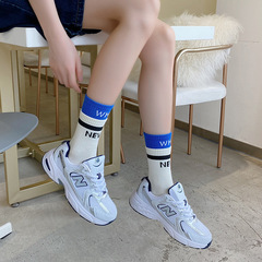 襪子男女假兩件拼色中筒襪春秋百搭網紅款運動外穿雙層口字母長襪