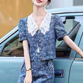 气质名媛小香风短裤套装女夏季小个子洋气减龄印花薄款牛仔蓝套装