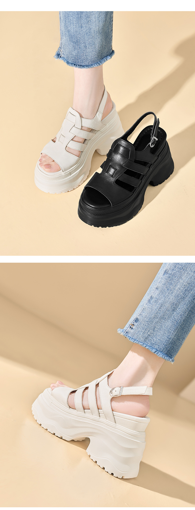Sandal cao gót nữ da thật mũi hở gót platform 12cm — màu đen, màu trắng ngà chi tiết 5