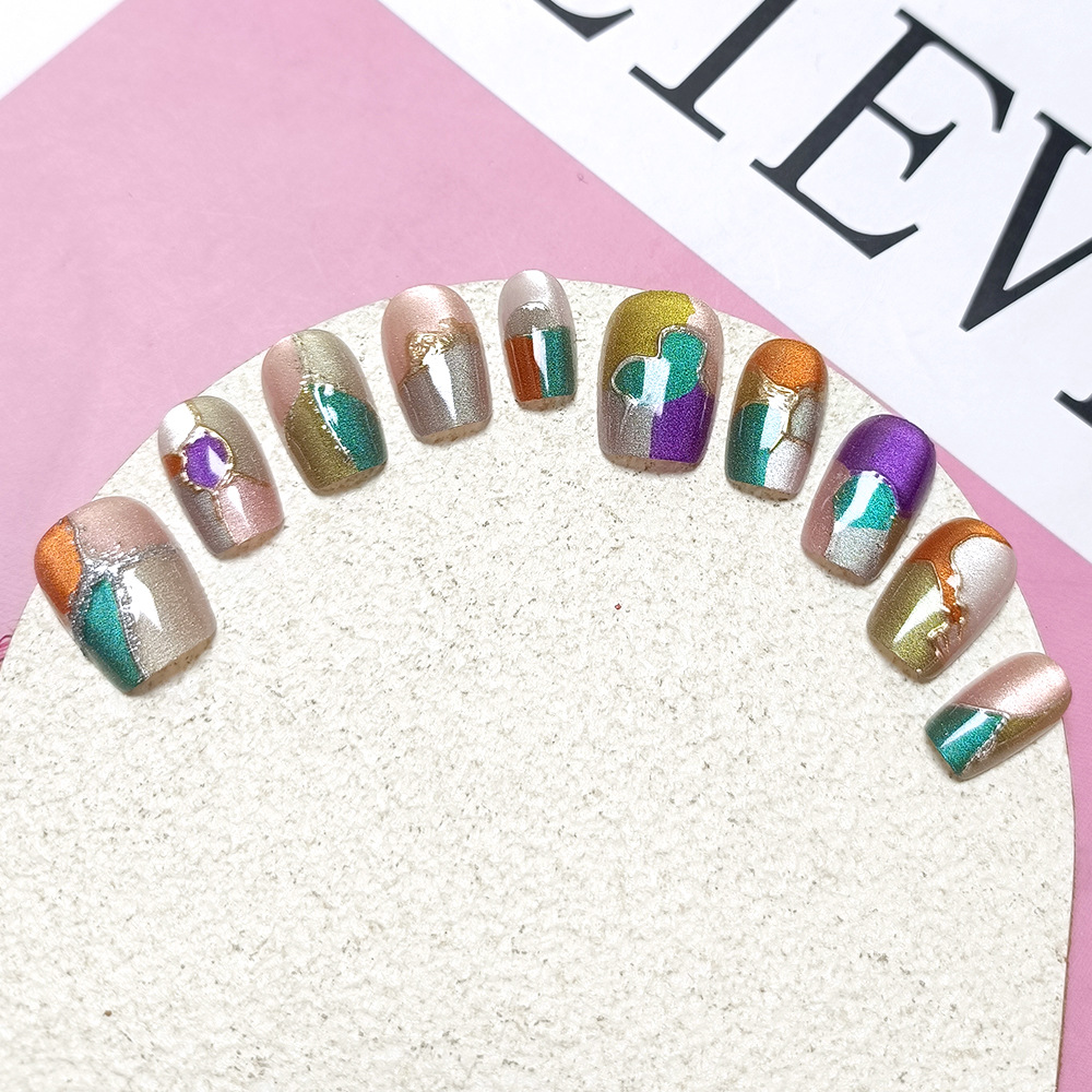 Tapa de uñas de impresión de cromancia retro, línea dorada, uñas de uñas de ojo de gato, 10 piezas de uñas portátiles hechas a mano