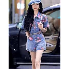 高级感洋气短袖牛仔连体裤女夏季薄款小个子收腰显瘦连衣阔腿短裤