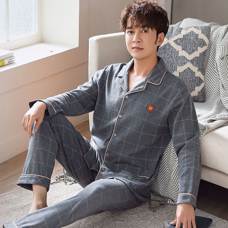 100% 순면 잠옷 남자의 긴팔 봄과 가을 플러스 뚱뚱한 플러스 플러스 사이즈 가을과 겨울 남자의 뚱뚱한 가정 옷 세트
