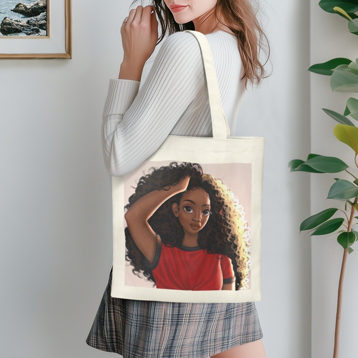 跨境亚马逊可印制图案Logo手提袋欧美风黑人女孩家用帆布购物袋