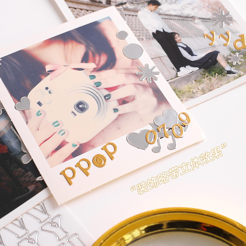 Dorado letras de estampado de plata pegatinas digitales Borde de oro y plata símbolo de forma especial Goo Tarjeta de material pegatinas DIY mano cuenta letras doradas