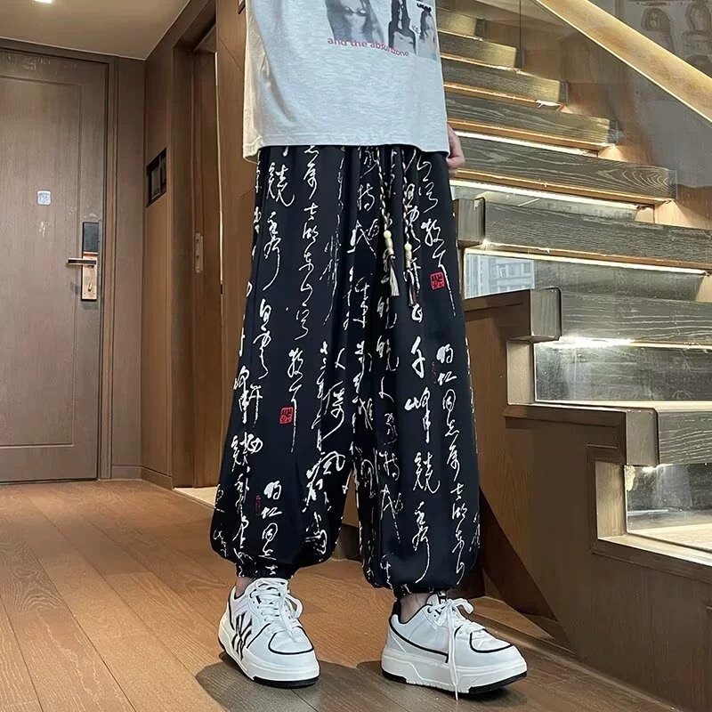 Новые китайские стили в стиле ледяной шелковые штаны мужской летний национальный прилив каллиграфия характер шаровары брюки модные тонкие брюки