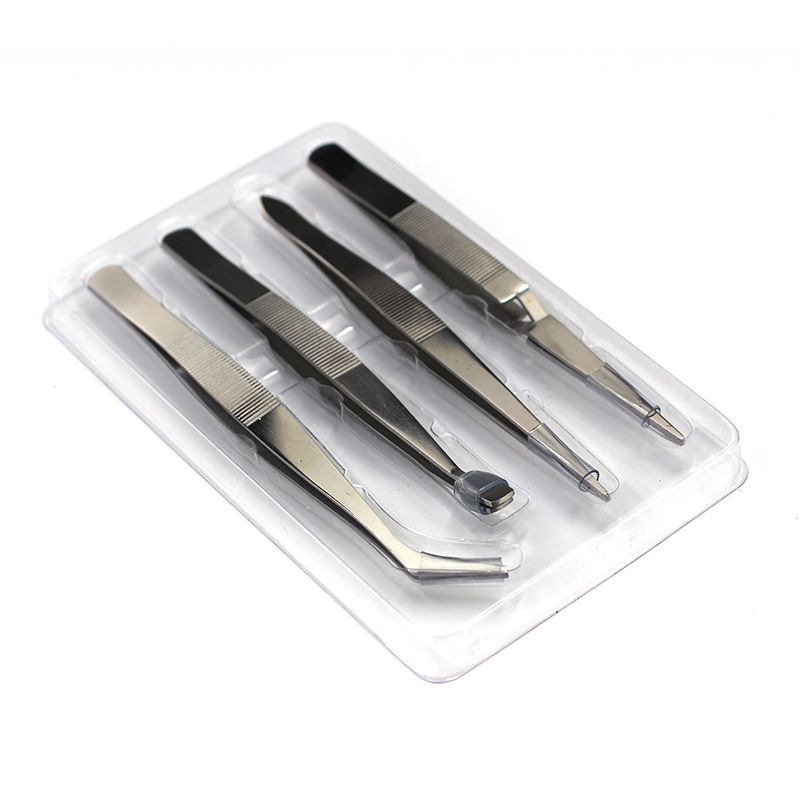 4件套不锈钢加厚镊子套装弯头电子清洁夹持镊子 DIY维修工具35g