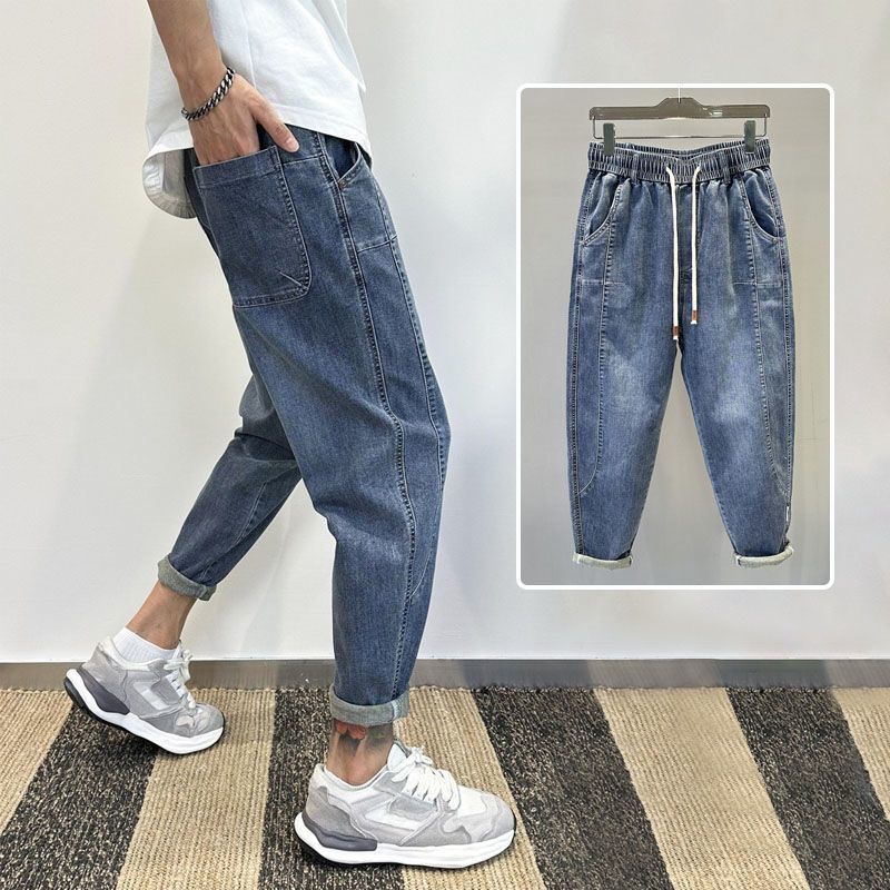 Jeans men's winter plush thick Harlan with drawstring and elastic waistband, versatile carrot casual pants_voghion.com