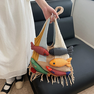 Bag Tote Bag Large Capacity Retro Tassel Splicing Design Literary Versatile Wool Knitted Bag Single Shoulder Cross-Border Bag