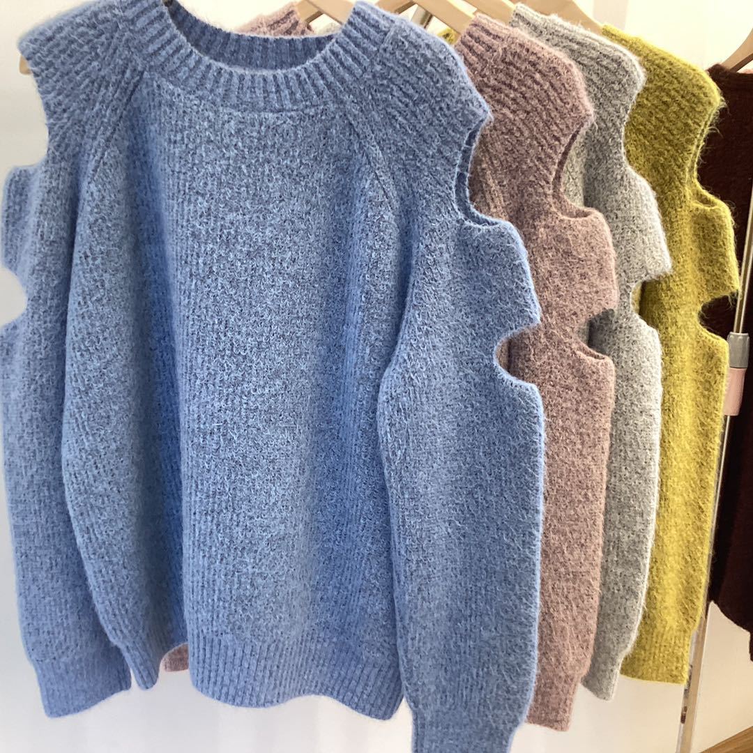 24 Dongpuyuan coreano de diseño de hombro abierto sensación de camisa de punto nueva amplia explosión con suéter de lana