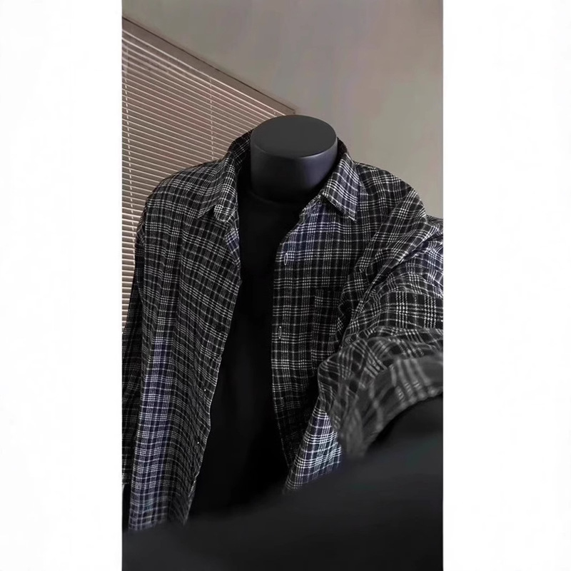 Brown Sanding Long Sleeve Plaid Shirt Men's American Style Inner Stacked Plaid Shirt Sports Casual Jacket
