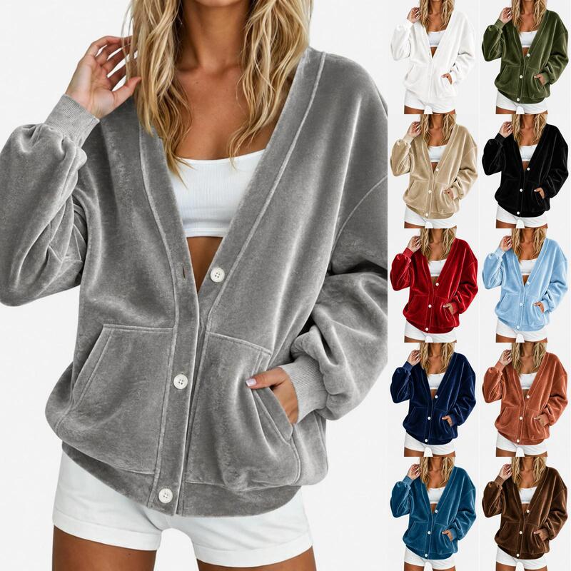 2026 New Cross-Border European and American Women's Clothing Autumn and Winter Velvet V-Neck Loose Cardigan Jacket with White Buttons Casual Shirt for Women
