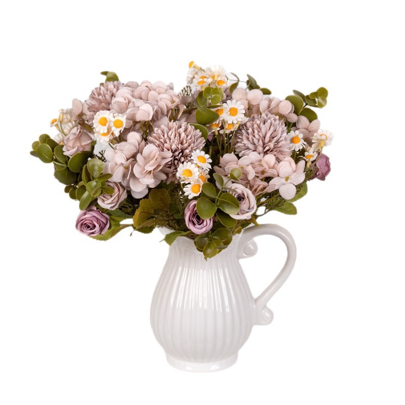 Flor artificial, color otoñal, retro, manguito pequeño, manguito, hortensia de 7 tenedores, arco de boda de rosas, decoración de flores de guía de carreteras, manzanilla de flores falsas