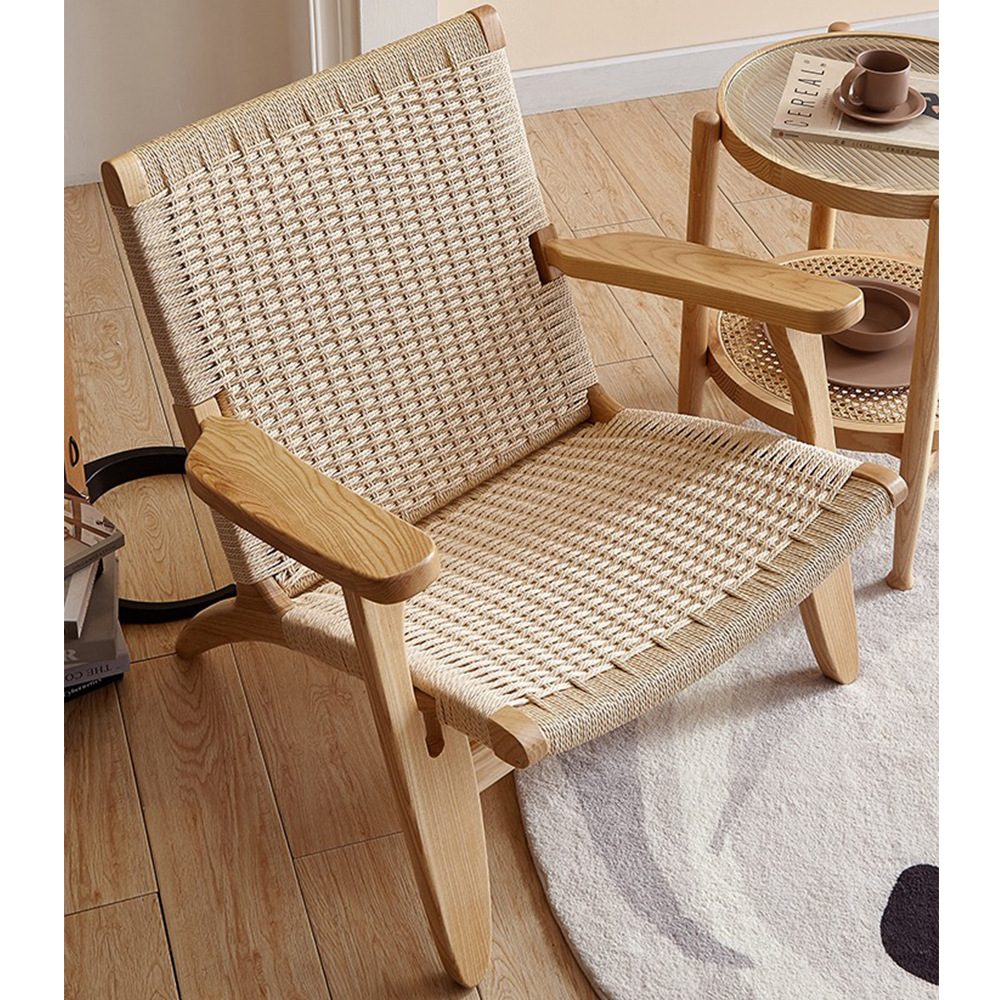Japanese-style single-person sofa chair, woven rattan casual chair, lazy rattan chair, solid wood backrest chair, balcony armchair furniture