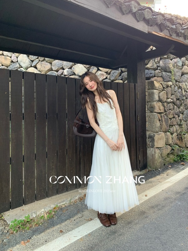 CZ ZHANG秋纱网蕾丝绣花拼接高腰A字大摆名媛吊带连衣裙B36212|undefined