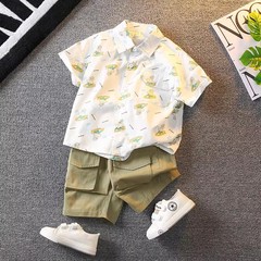 Boys summer suit 2024 new style boy baby cool and handsome clothes children summer handsome short-sleeved shirt