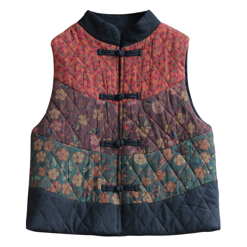 Короткий хлопковый жилет для женщин, новинка осени-зимы 2025, в китайском ретро-этно стиле, с контрастной цветовой строчкой, стеганый, без рукавов.