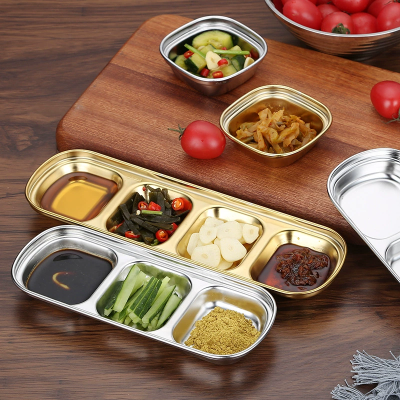 Stainless steel Korean -style dish gold -colored dipped disc hotpot seasoning disc sauce plate barbecue tableware two grid three grids and four grids