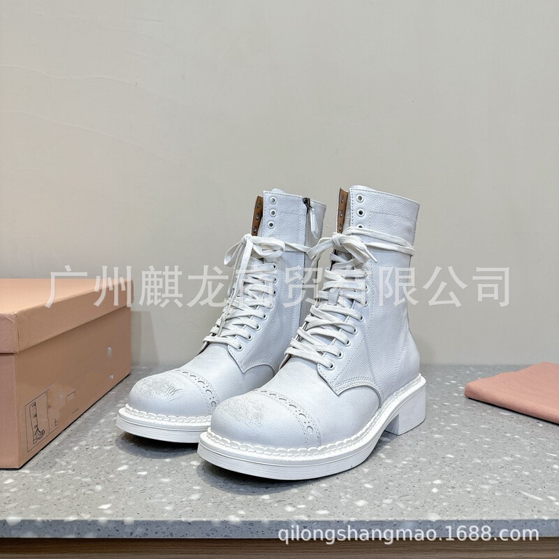 高端品质2025秋冬真皮圆头复古做旧厚底显瘦系带马丁靴骑士靴|undefined