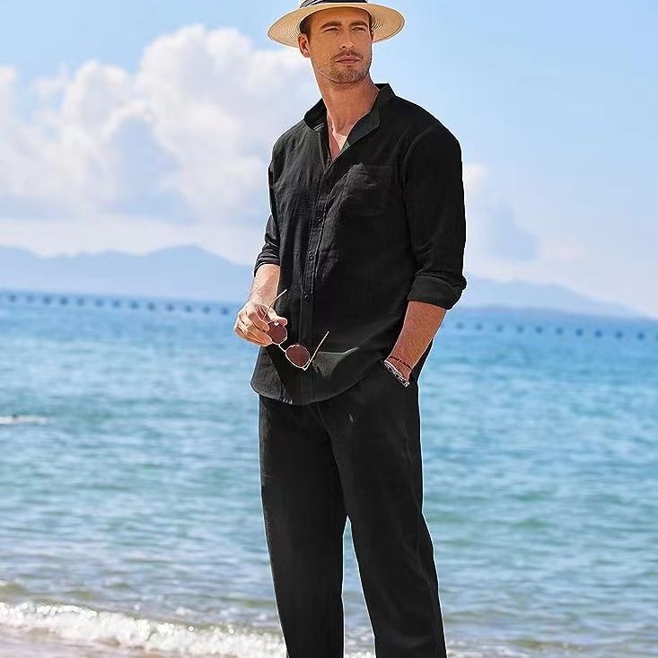 Cross-Border European and American Sports Suit Men's Beach Casual Loose Suit Long-Sleeved Shirt Trousers Workwear Foreign Trade Two-Piece Set