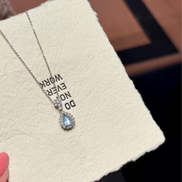 [Blue Tears] Natural Topaz Sparkling Full Diamond Water Drop Pendant Necklace Amber Same Style Clavicle Chain for Women High-End
