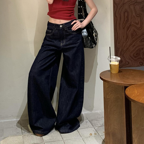 Denim Blue Straight Jeans for Women Spring and Autum New Loose and Versatile Casual Wide-Leg Retro Floor-Length Pants for Women Trendy