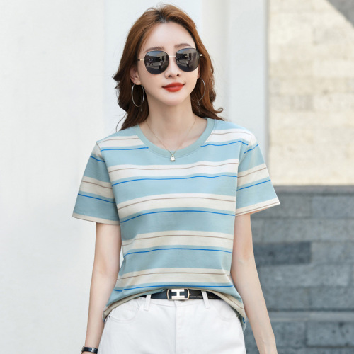 499 Summer new striped large size loose short-sleeved women's T-shirt round neck Japanese and Korean casual versatile top
