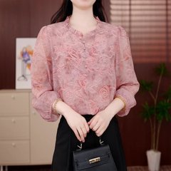 ドロップシッピング 2025 新しい夏のファッション、年齢を減らす気質、スリム、ルーズ、多用途、エレガントなプリントプルオーバーシャ​​ツ