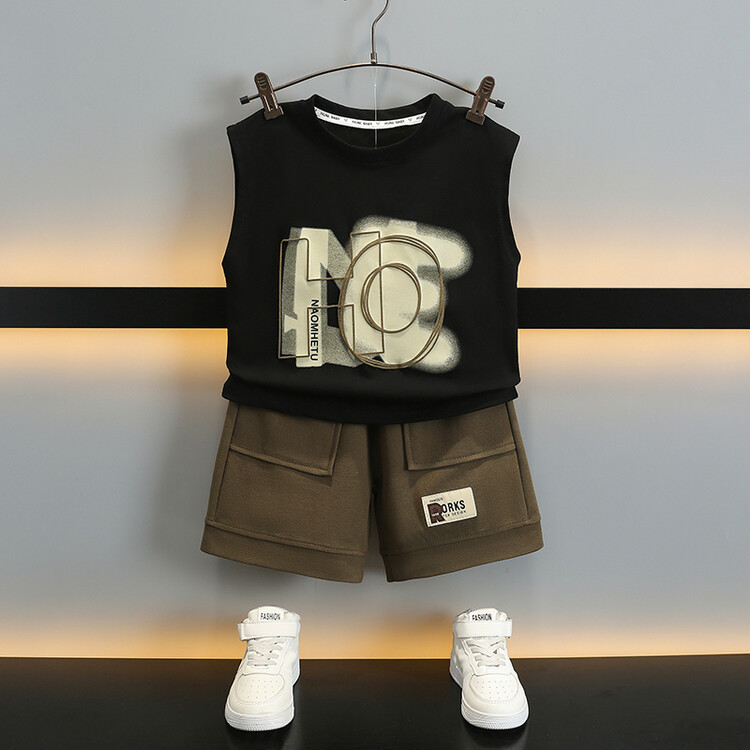 5687 traje sin mangas para niños 2025 nuevos pantalones cortos de chaleco con estampado de verano para niños de dos piezas para bebés de moda delgada