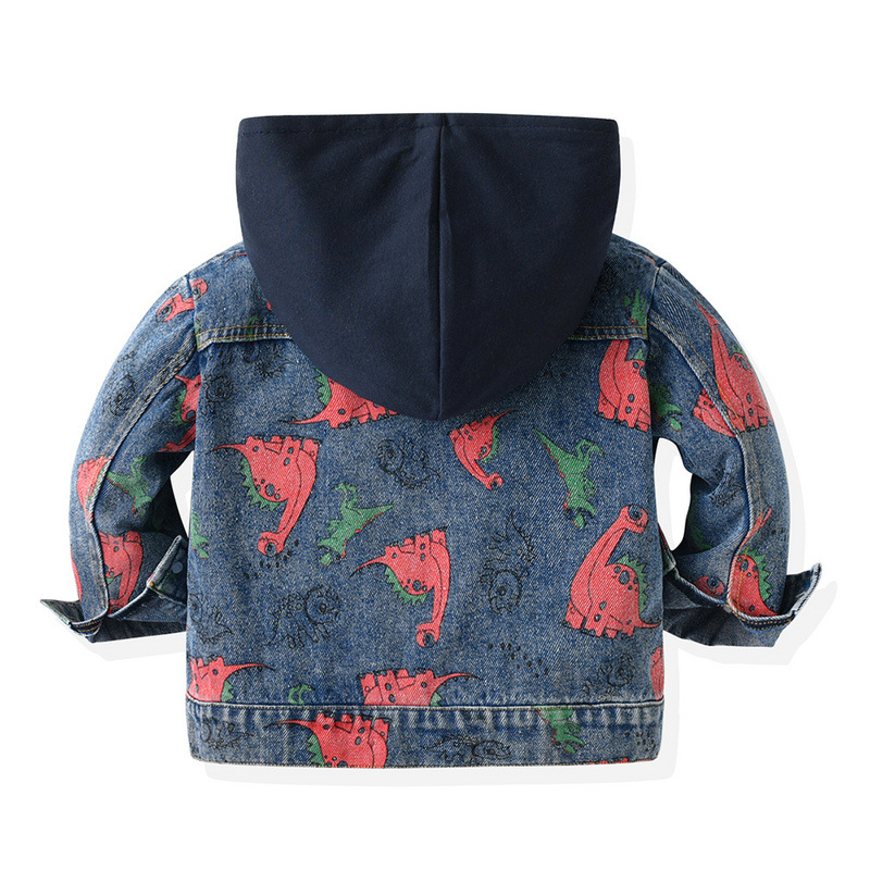 Ropa para niños de comercio exterior, niños europeos y americanos, chaqueta con capucha de mezclilla con estampado de dinosaurio de manga larga de otoño, camisa de mezclilla con cremallera informal
