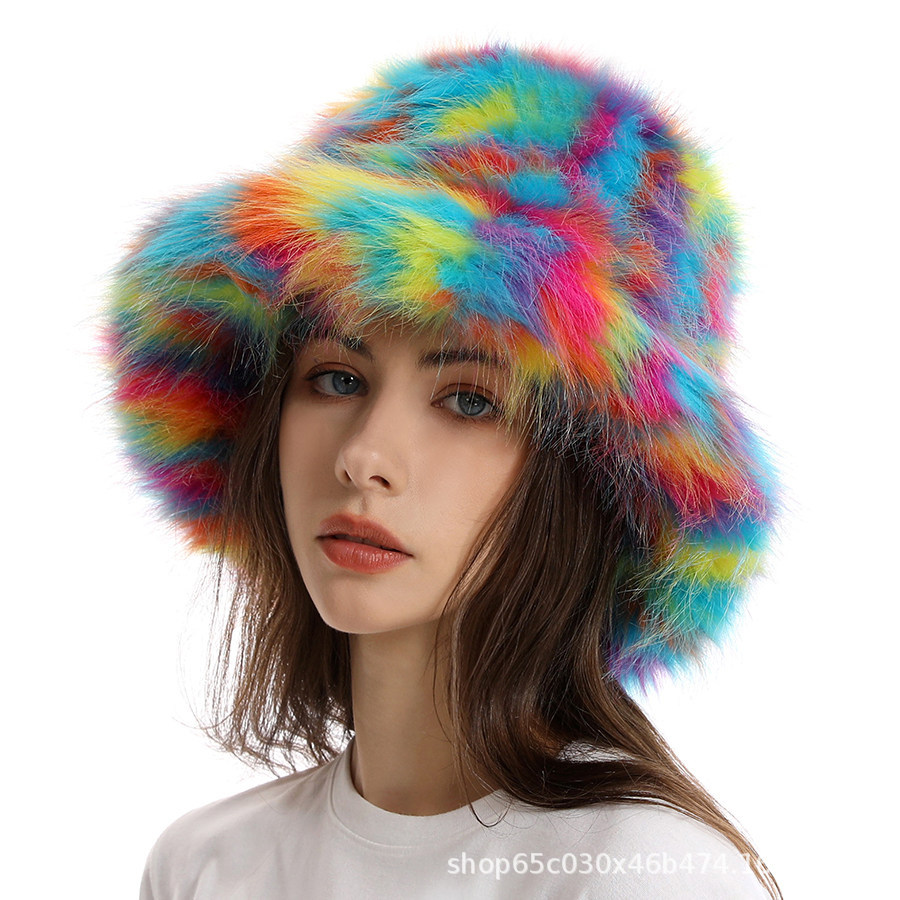 European and American cross-border winter bestseller: Yiwu wholesale colorful fox fur bucket hat, fisherman hat, faux fur, fashionable women's hat