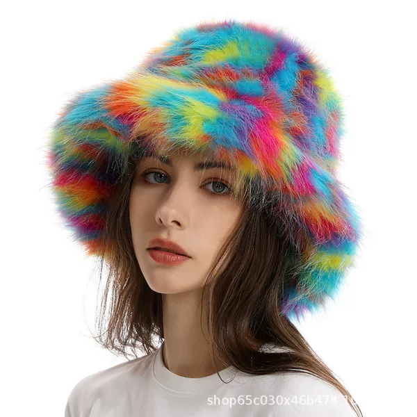 European and American cross-border winter bestseller: Yiwu wholesale colorful fox fur bucket hat, fisherman hat, faux fur, fashionable women's hat
