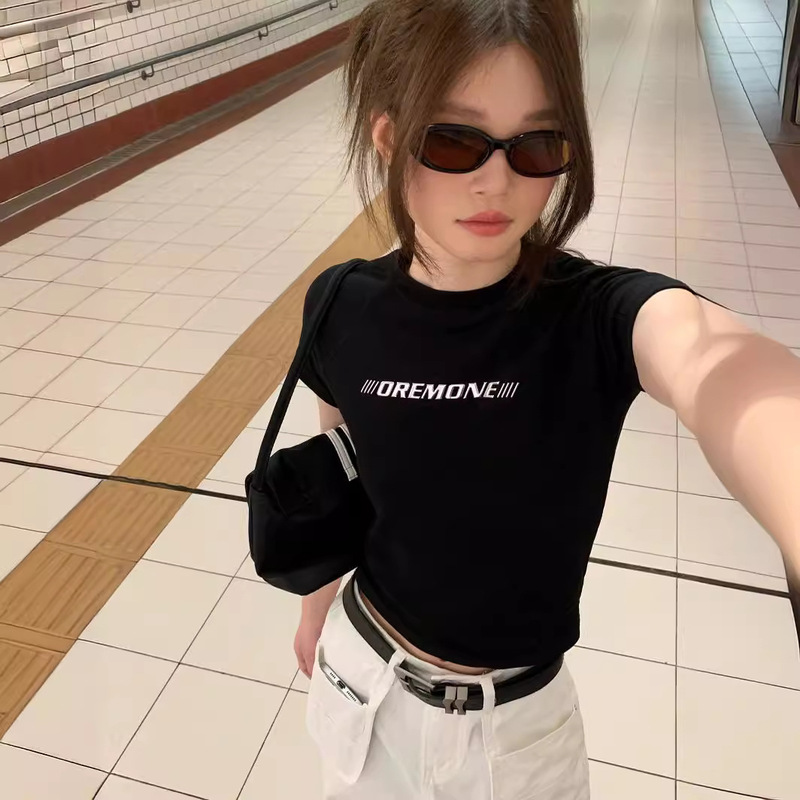 [Original Shoulder Line + Liquid Metal 40 Count 95% Cotton + 5% Spandex] Slim Fit Right Shoulder Short-Sleeved T-Shirt for Women