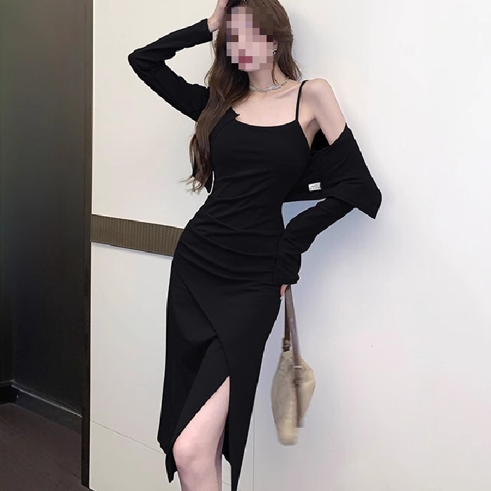 Slit Sexy Suspender Dress Two-Piece Cardigan Long-Sleeved Long Skirt Sexy High-End Early Spring Fashion Suit 2025