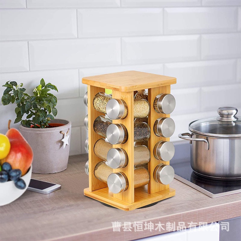 Bamboo seasoning rack Kitchen can rotate multi -style seasoning bottle storage rack salt flavor miscellaneous grain solid wood rack
