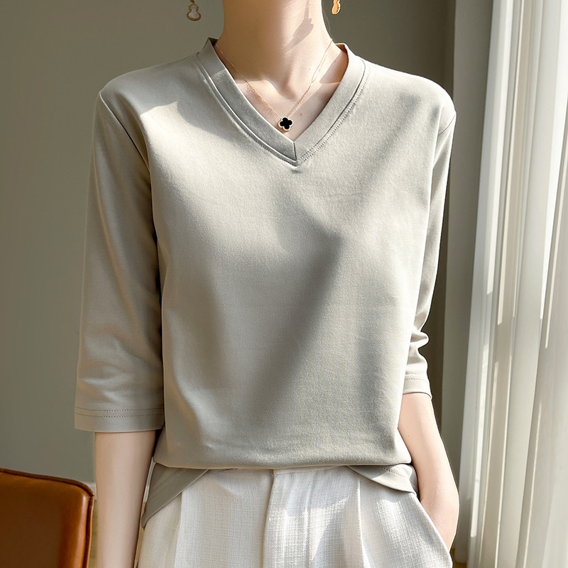 2025 Spring and Autumn New Style V Neck Mercerized Cotton Three-Quarter Sleeve T-Shirt Women's Loose Casual Temperament Easiest for Match Cotton Bottoming Top