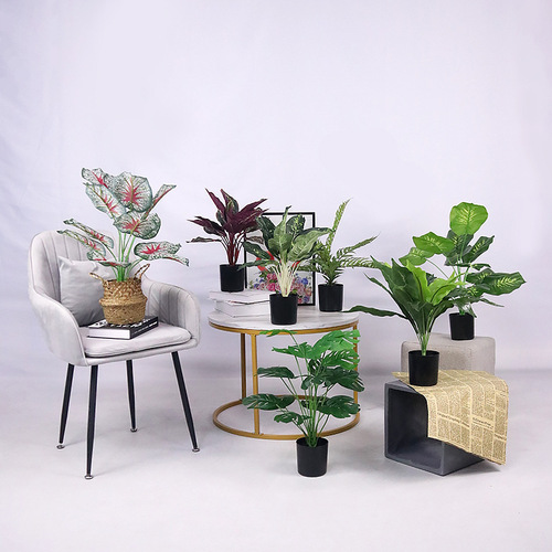 Desktop Bonsai Living Room Decor Floor-Standing Plastic Artificial Flower Arrangement, Lifelike Plant with Miniature Monstera Design, Small Potted Faux Greenery