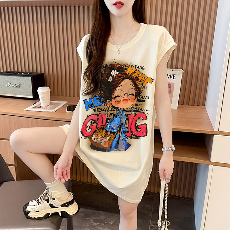 夏季坎肩纯棉卡通背心女爆款宽松显瘦遮肉慵懒风小众设计感连衣裙