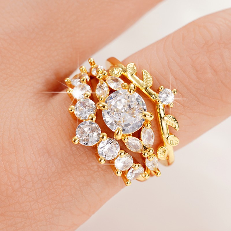 Rings Classification Ig Style Shiny Round Leaves Copper Inlay Zircon Rings