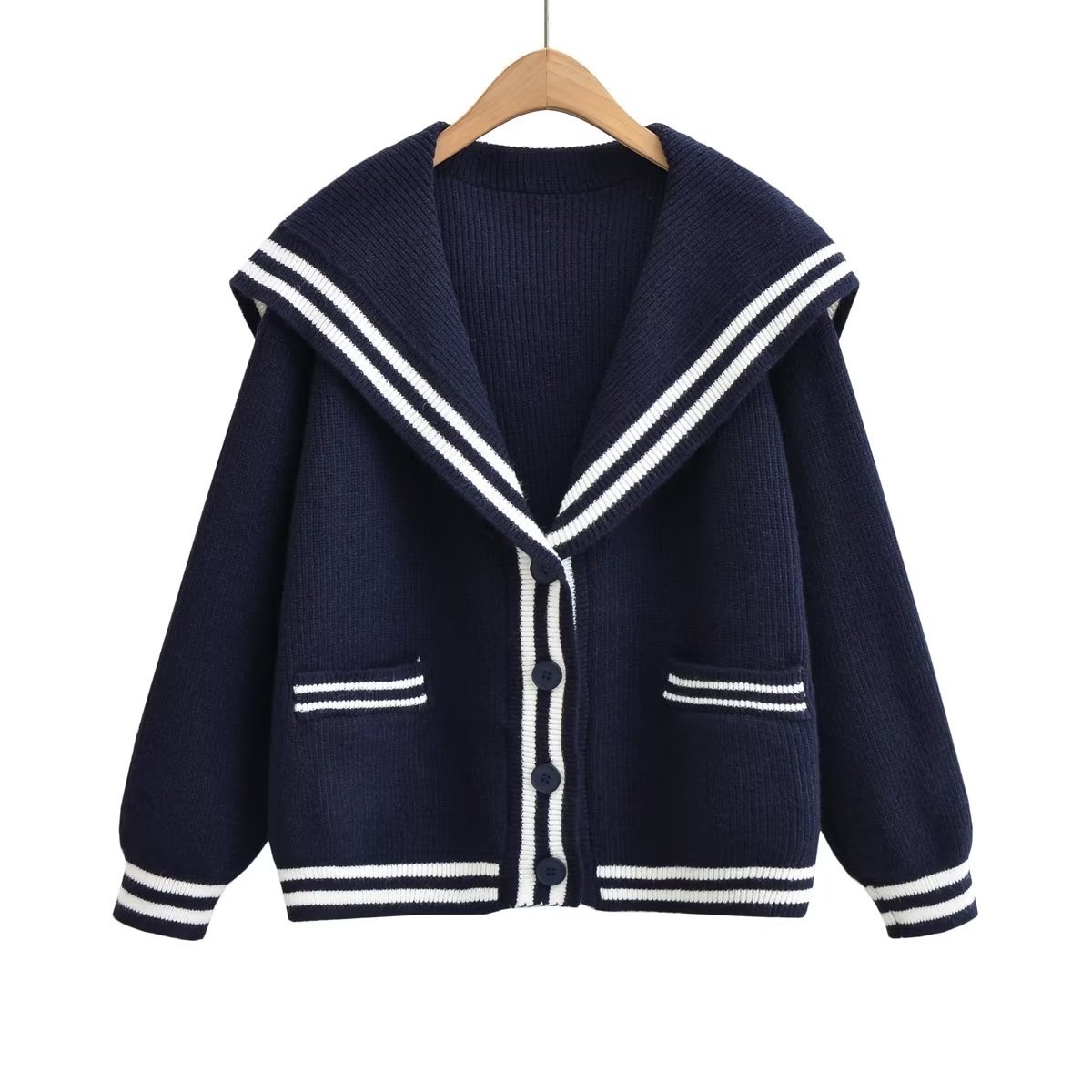 navy collar contrast color knitted cardigan NSAM139034