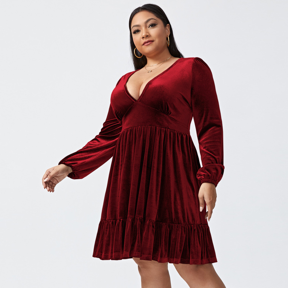 plus size solid color V-neck waist slim long-sleeved velvet dress NSYSQ138098