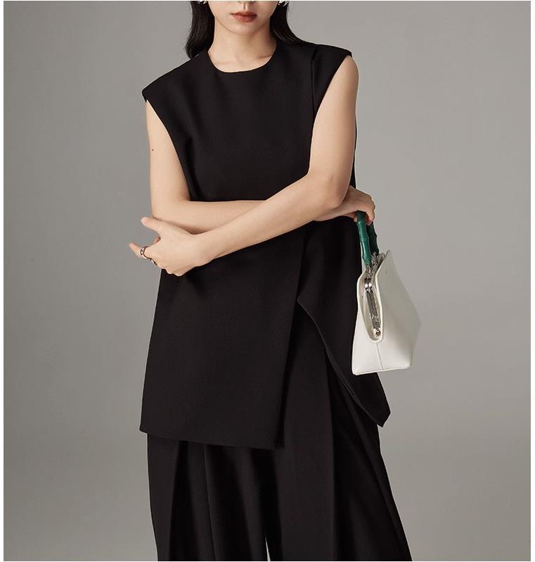 GraceChic Cross-Border Strong Twist Fabric Three-Dimensional Cutting Irregular Silhouette Draped Double Pleat Slimming Suit Vest_voghion.com