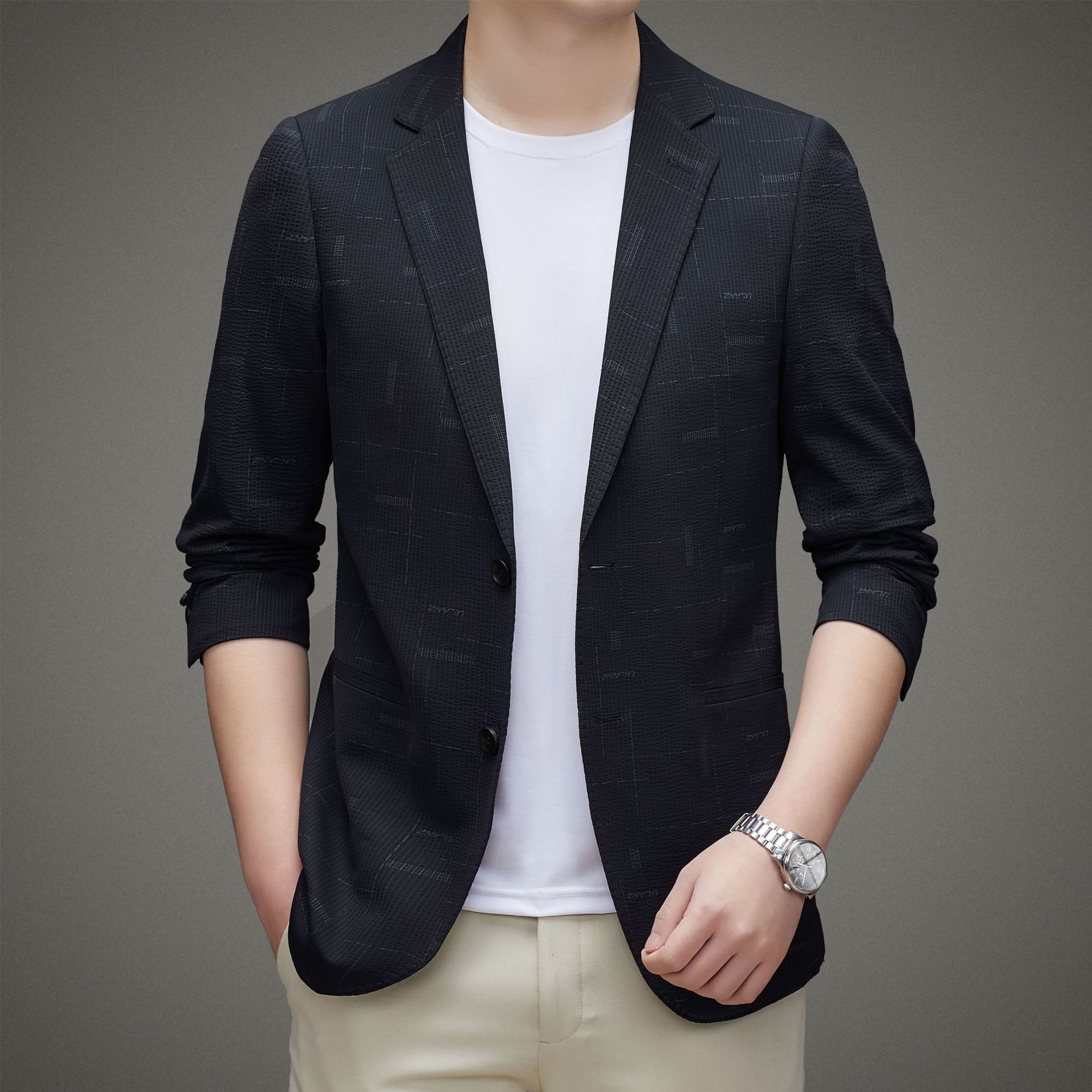 Áo Khoác Blazer Nam Trung Niên Bố Họa Tiết Cao Cấp Phong Cách Doanh Nhân Màu Đen