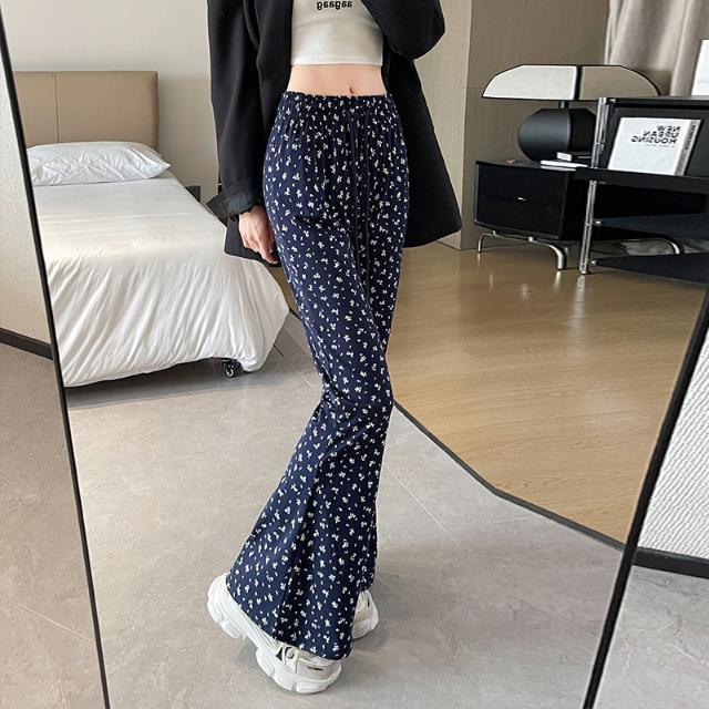 复古碎花休闲裤女2025早秋新款高腰修身微喇裤垂感阔腿拖地长裤子|undefined