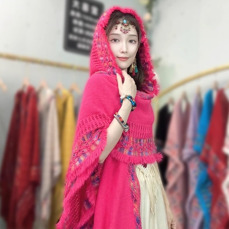 旅游民族风连帽披肩女外搭新疆云南波西米亚空调房流苏针织衫斗篷|undefined